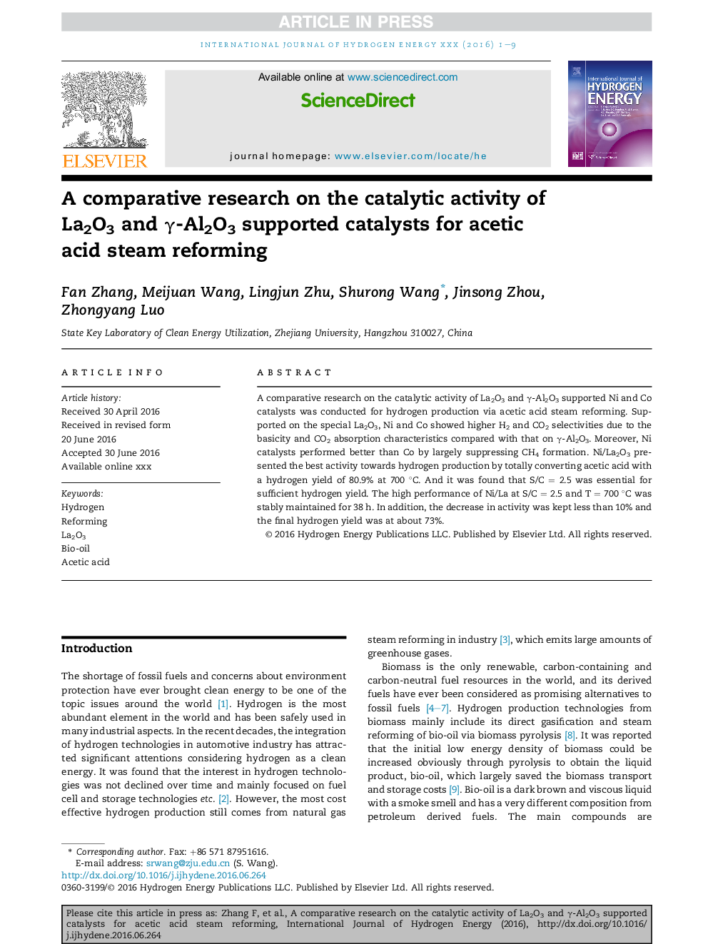 A comparative research on the catalytic activity of La2O3 and Î³-Al2O3 supported catalysts for acetic acid steam reforming