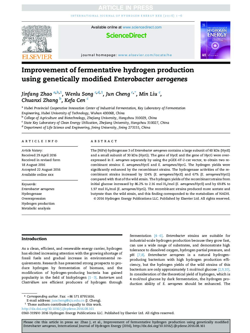 Improvement of fermentative hydrogen production using genetically modified Enterobacter aerogenes