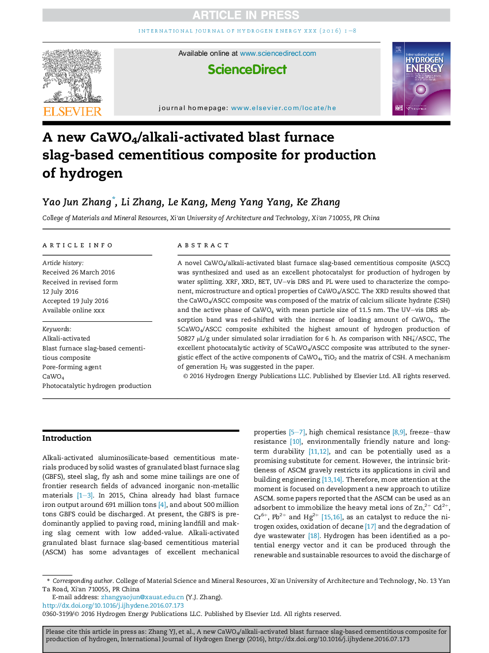 A new CaWO4/alkali-activated blast furnace slag-based cementitious composite for production of hydrogen