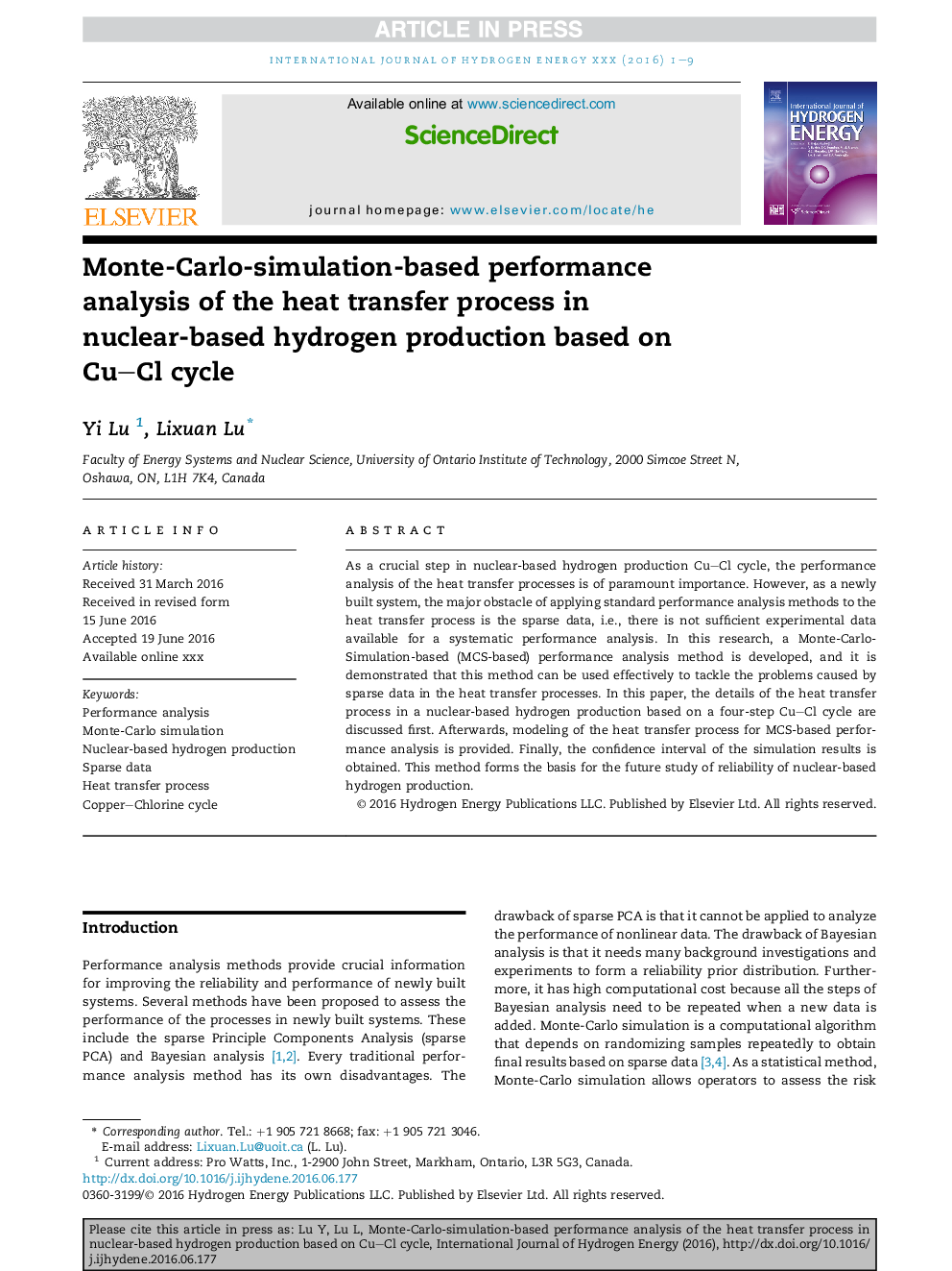 Monte-Carlo-simulation-based performance analysis of the heat transfer process in nuclear-based hydrogen production based on CuCl cycle