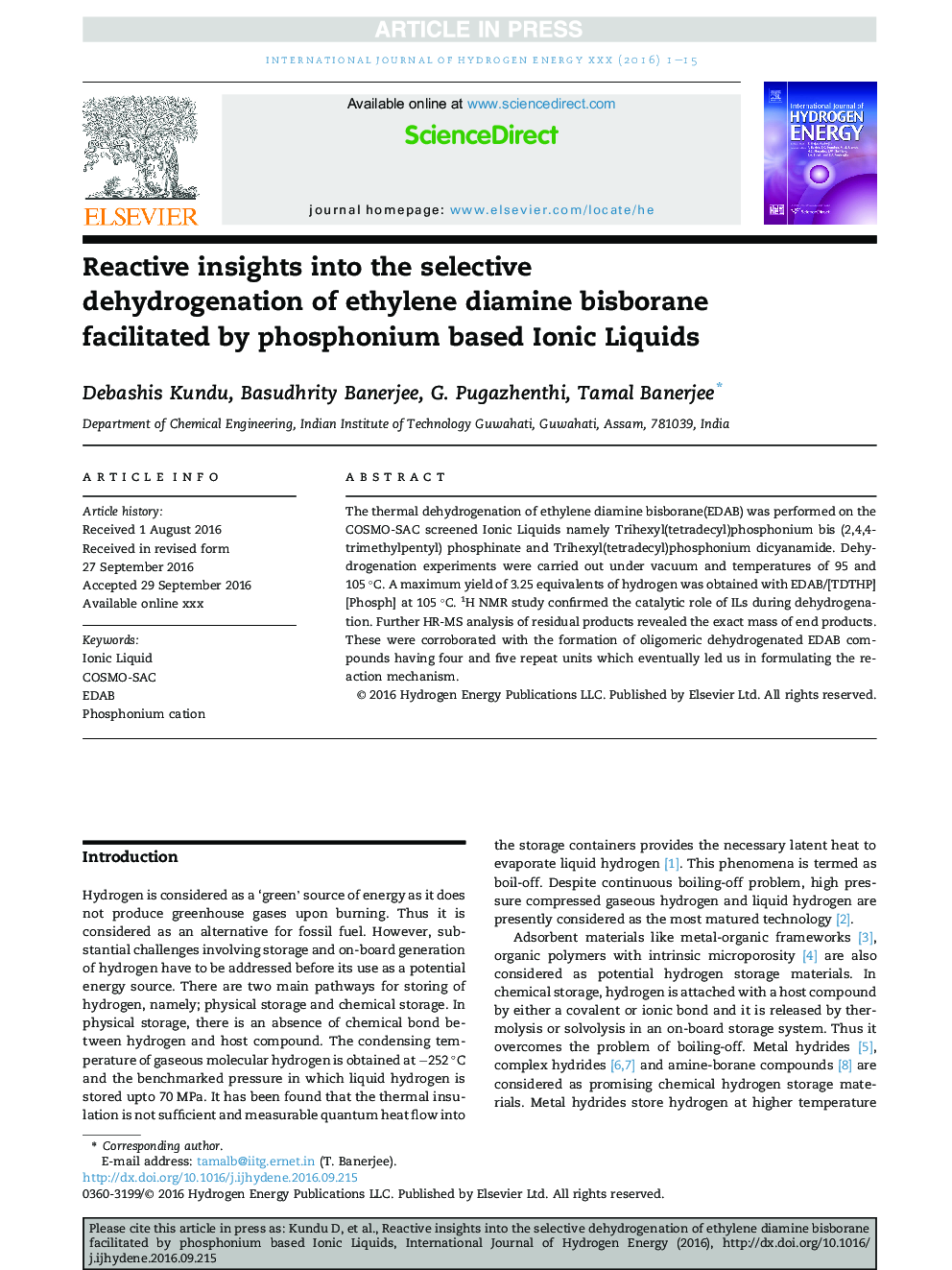 Reactive insights into the selective dehydrogenation of ethylene diamine bisborane facilitated by phosphonium based Ionic Liquids