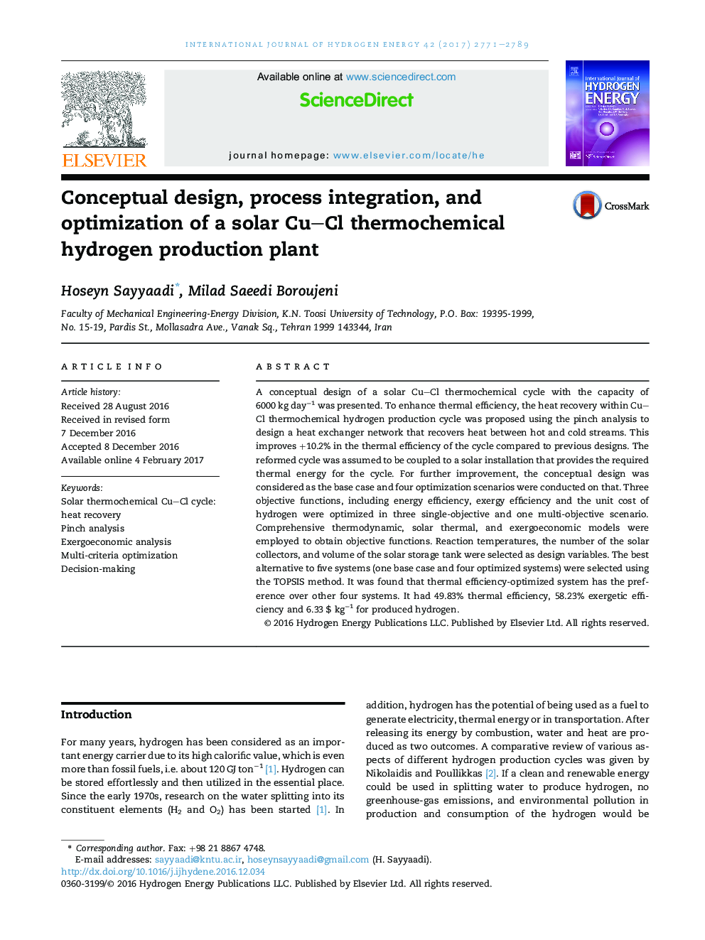 Conceptual design, process integration, and optimization of a solar CuCl thermochemical hydrogen production plant