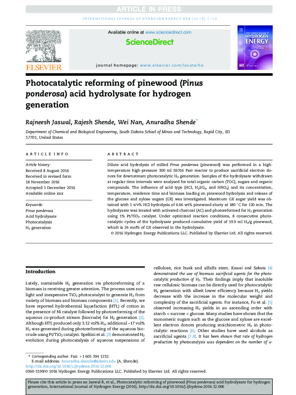 Photocatalytic reforming of pinewood (Pinus ponderosa) acid hydrolysate for hydrogen generation