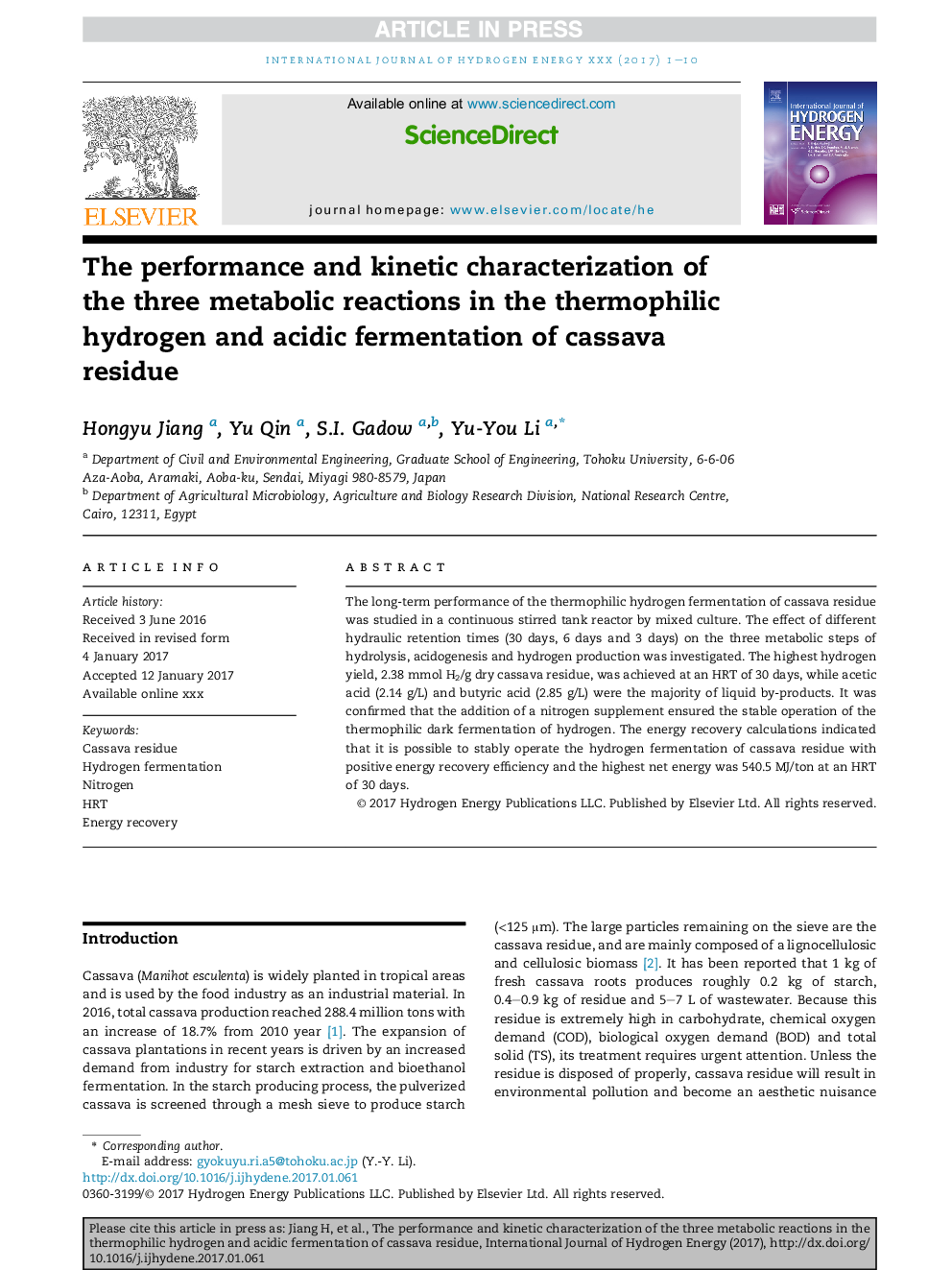 The performance and kinetic characterization of the three metabolic reactions in the thermophilic hydrogen and acidic fermentation of cassava residue