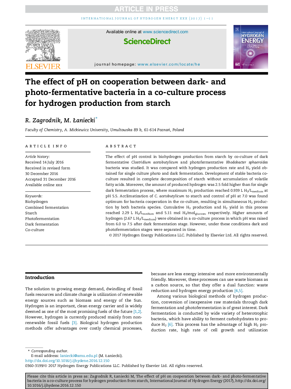 The effect of pH on cooperation between dark- and photo-fermentative bacteria in a co-culture process for hydrogen production from starch