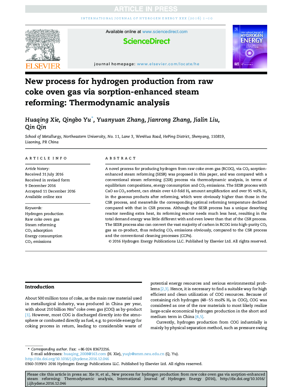 New process for hydrogen production from raw coke oven gas via sorption-enhanced steam reforming: Thermodynamic analysis