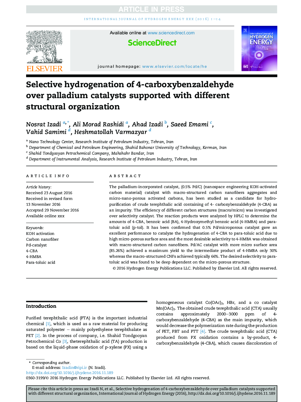 Selective hydrogenation of 4-carboxybenzaldehyde over palladium catalysts supported with different structural organization