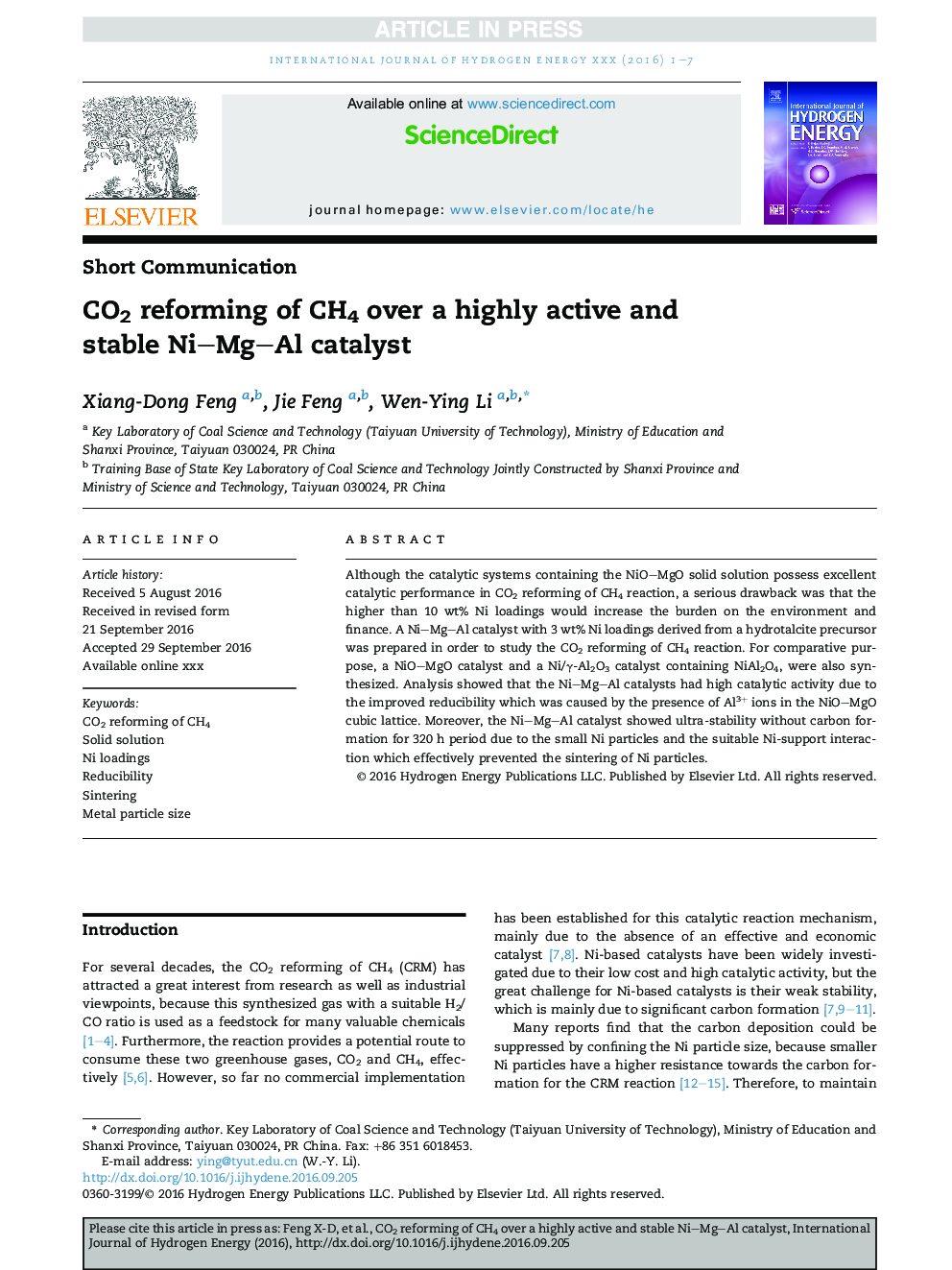 CO2 reforming of CH4 over a highly active and stable NiMgAl catalyst