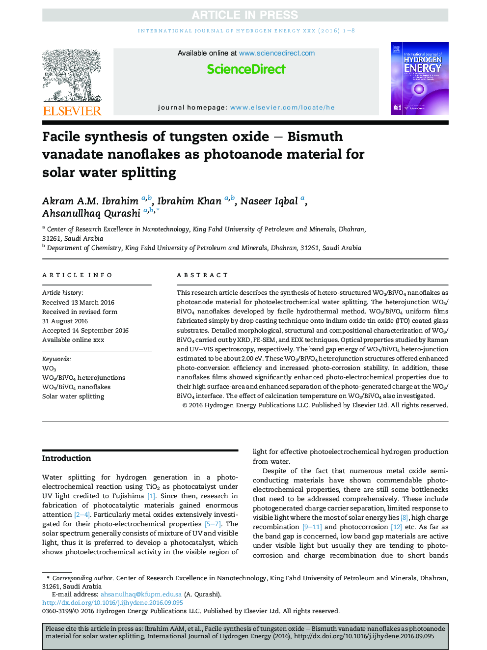 Facile synthesis of tungsten oxide - Bismuth vanadate nanoflakes as photoanode material for solar water splitting