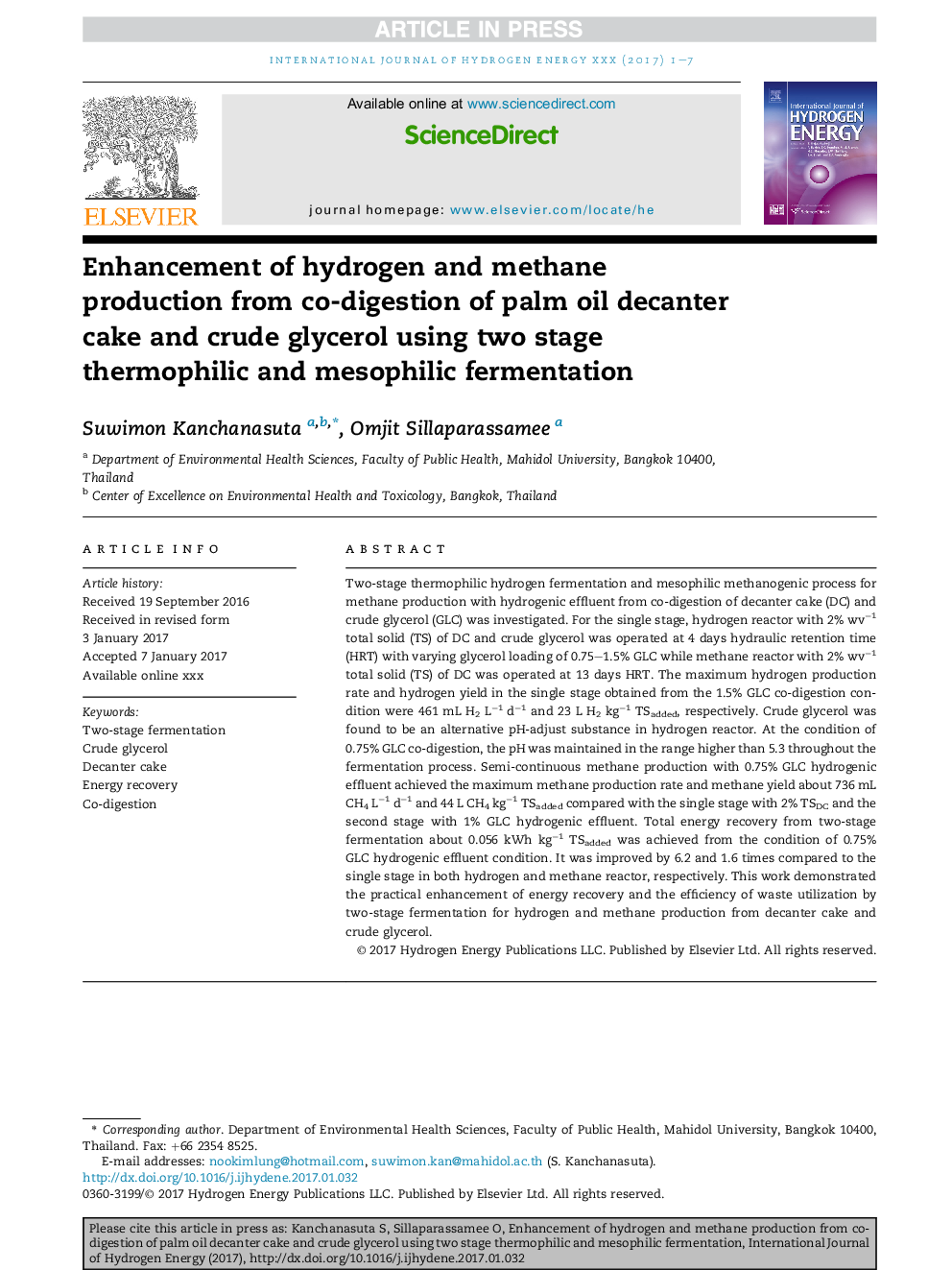 Enhancement of hydrogen and methane production from co-digestion of palm oil decanter cake and crude glycerol using two stage thermophilic and mesophilic fermentation