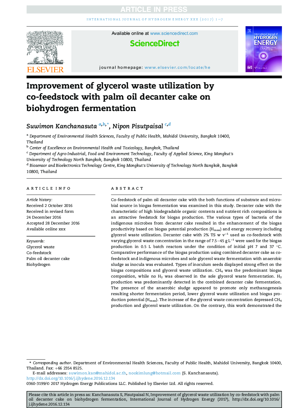 Improvement of glycerol waste utilization by co-feedstock with palm oil decanter cake on biohydrogen fermentation