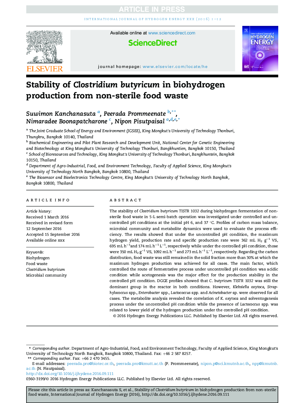 Stability of Clostridium butyricum in biohydrogen production from non-sterile food waste