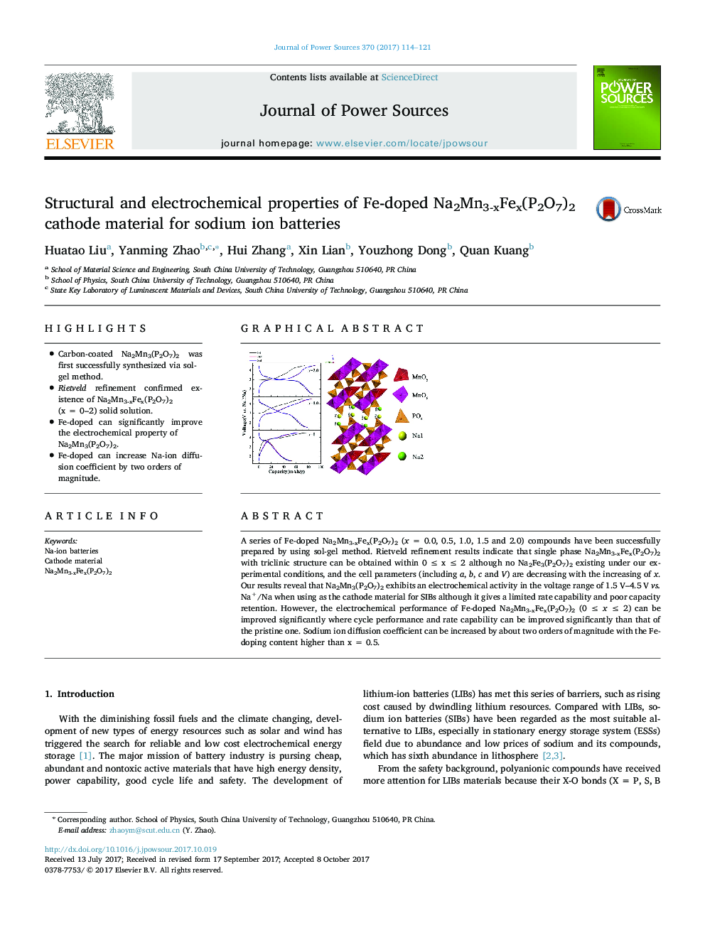 Structural and electrochemical properties of Fe-doped Na2Mn3-xFex(P2O7)2 cathode material for sodium ion batteries