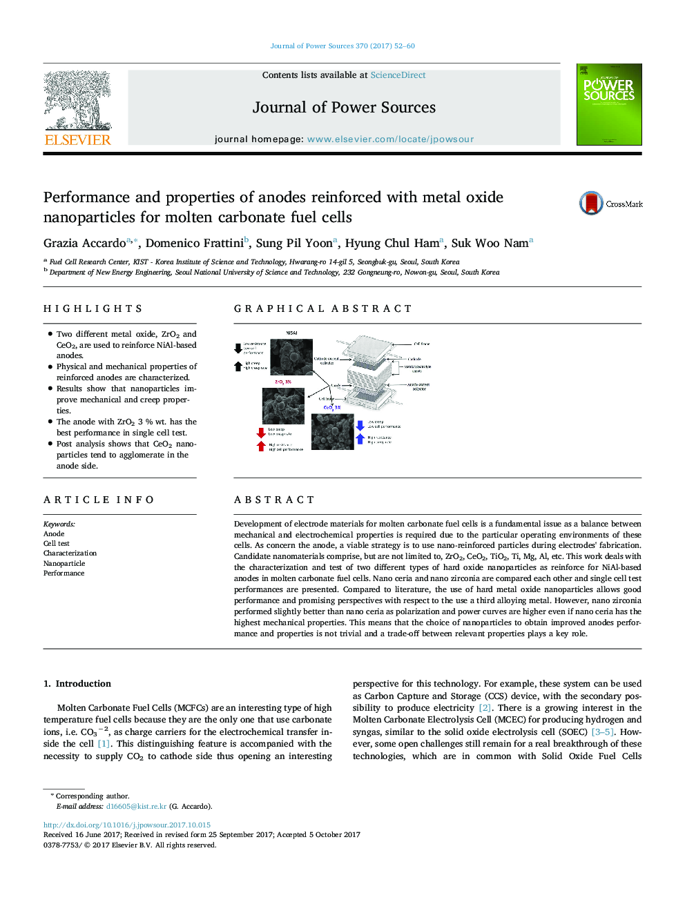 Performance and properties of anodes reinforced with metal oxide nanoparticles for molten carbonate fuel cells