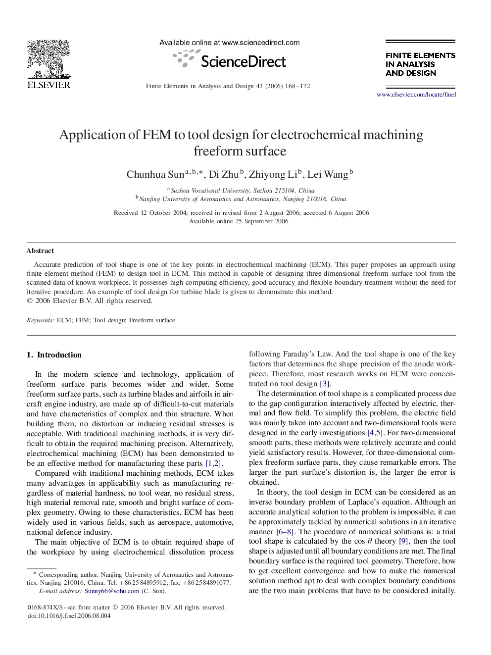 Application of FEM to tool design for electrochemical machining freeform surface