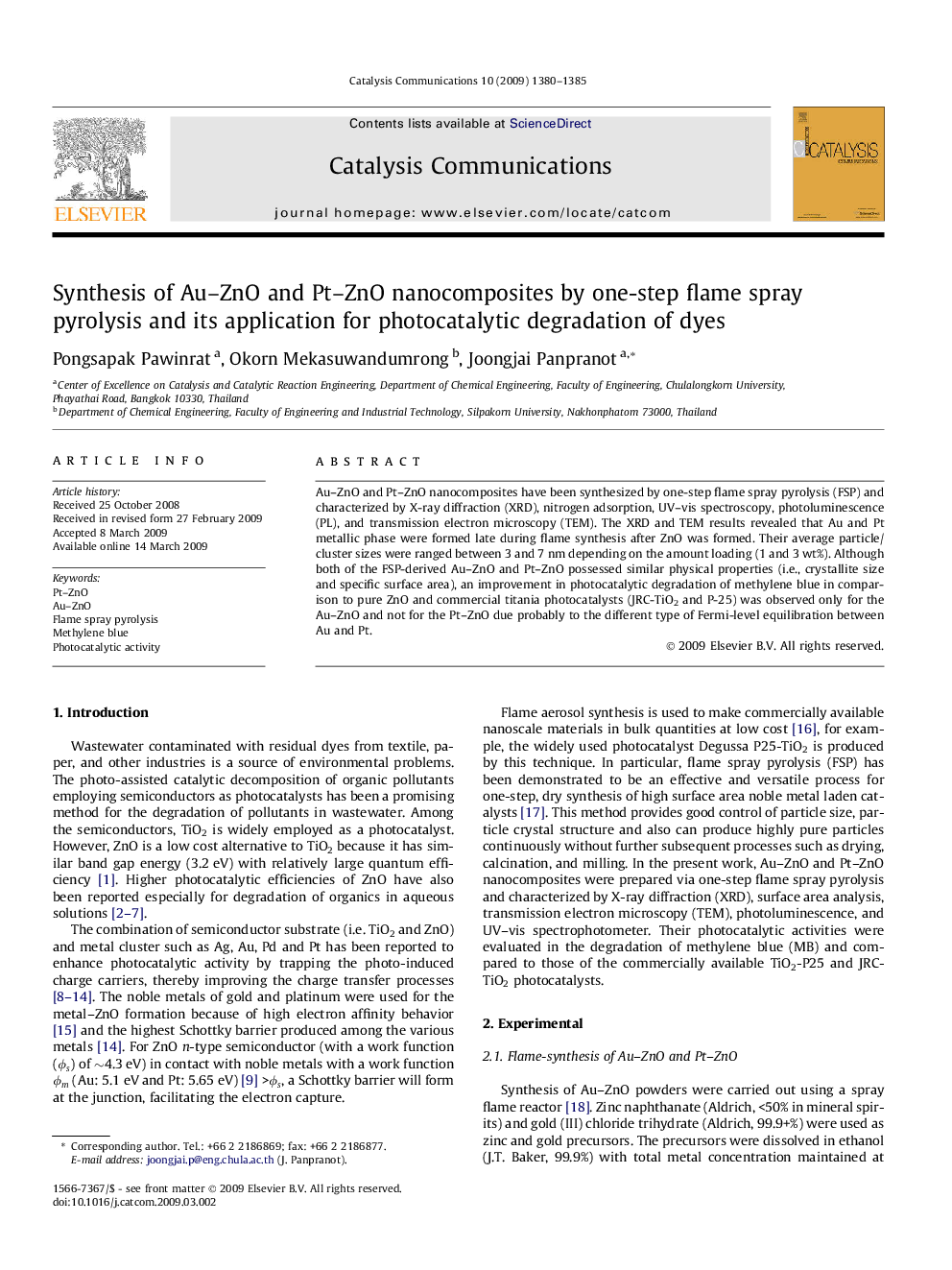 Synthesis of Au–ZnO and Pt–ZnO nanocomposites by one-step flame spray pyrolysis and its application for photocatalytic degradation of dyes