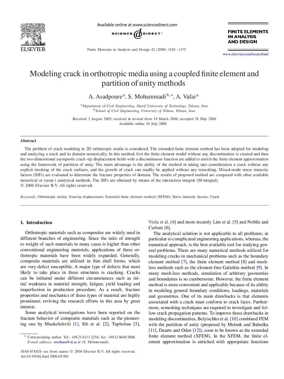 Modeling crack in orthotropic media using a coupled finite element and partition of unity methods