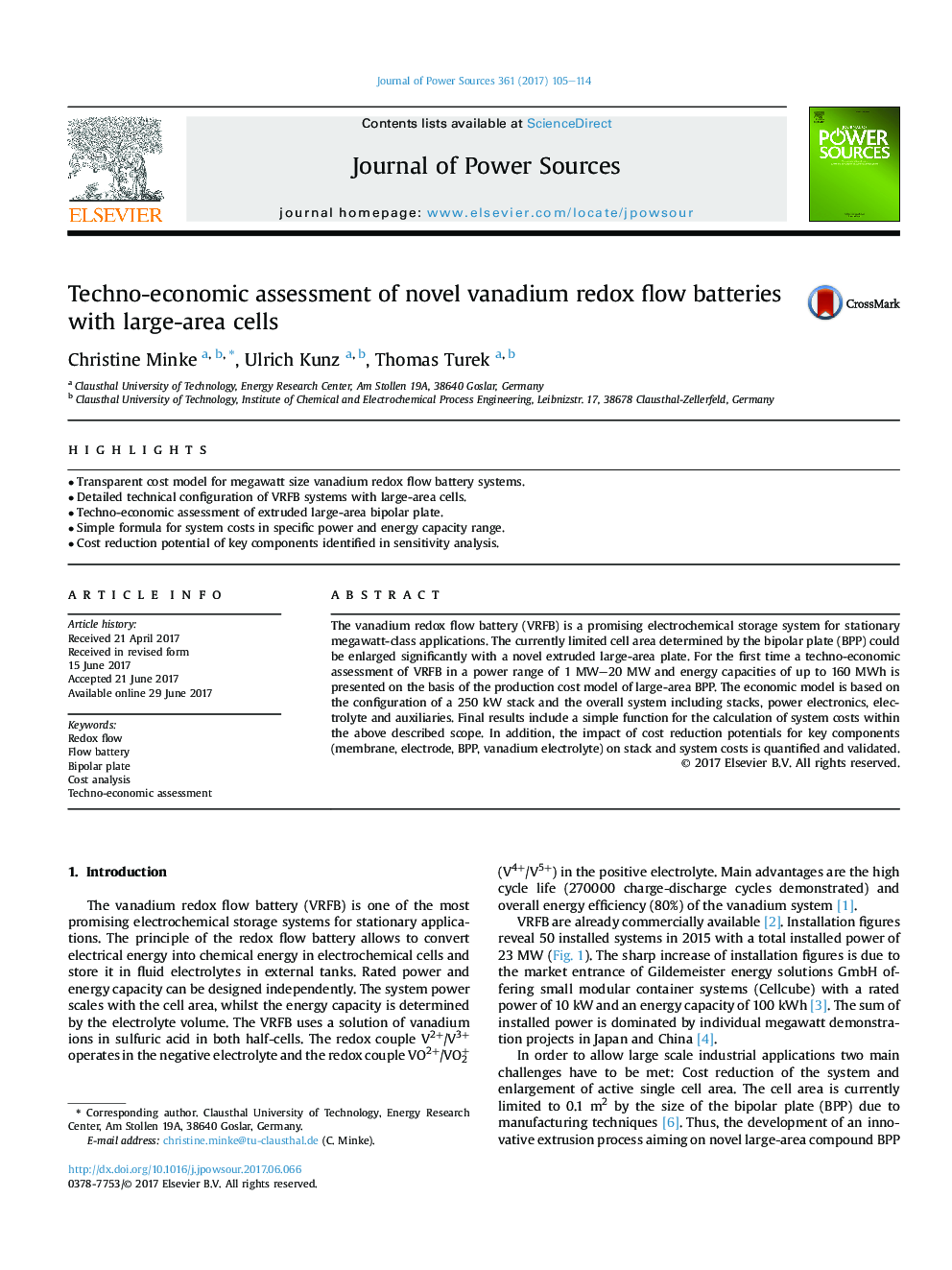 عکس صفحه اول مقاله: Techno-economic assessment of novel vanadium redox flow batteries with large-area cells Techno-economic assessment of novel vanadium redox flow batteries with large-area cells