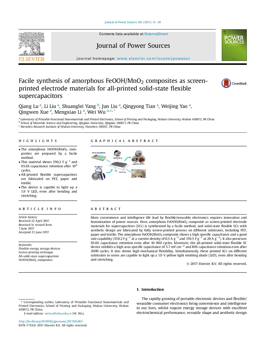 Facile synthesis of amorphous FeOOH/MnO2 composites as screen-printed electrode materials for all-printed solid-state flexible supercapacitors