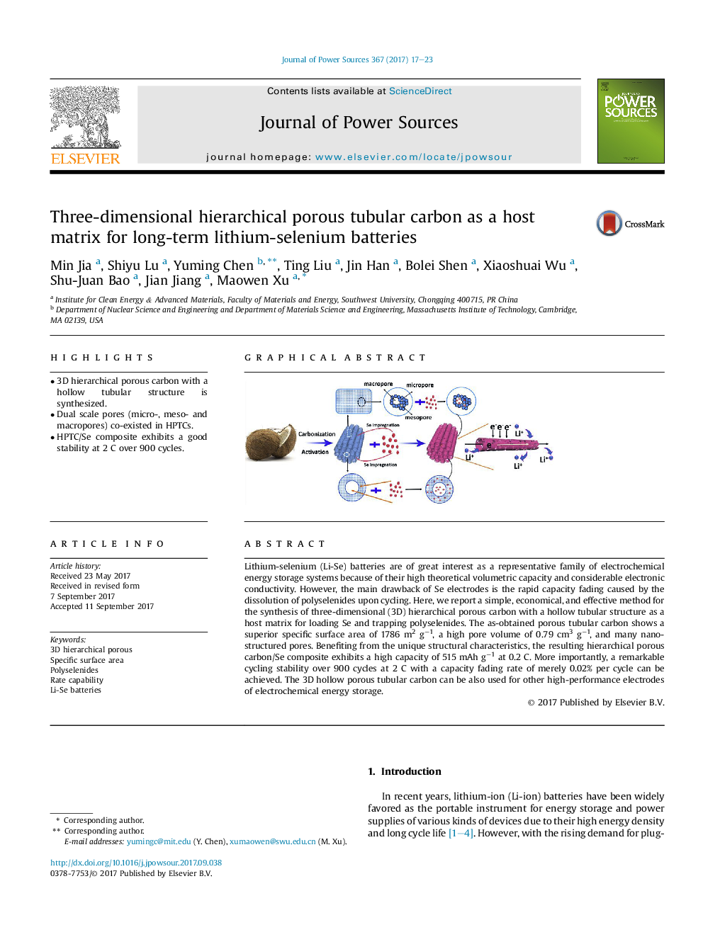 Three-dimensional hierarchical porous tubular carbon as a host matrix for long-term lithium-selenium batteries