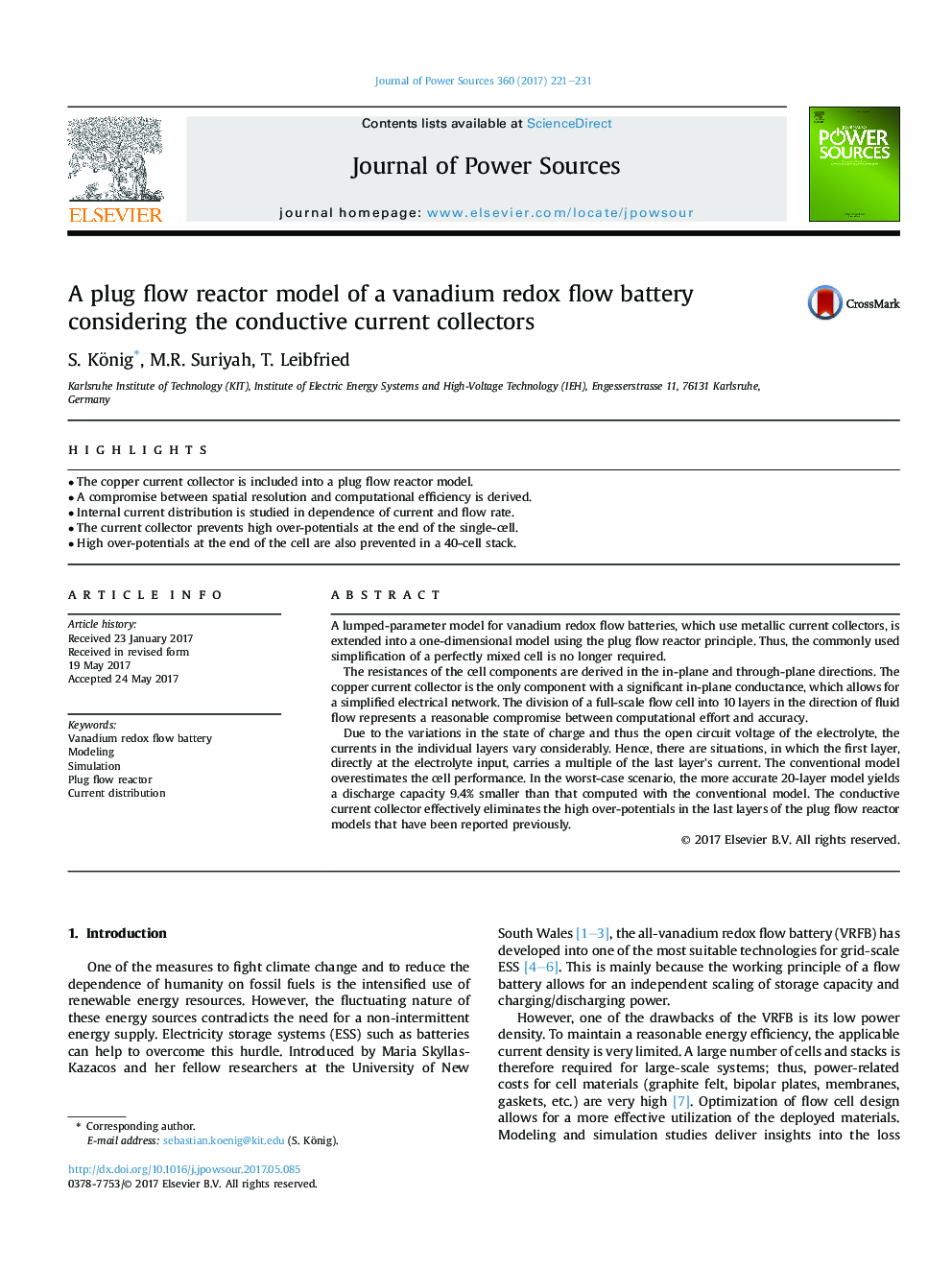 A plug flow reactor model of a vanadium redox flow battery considering the conductive current collectors