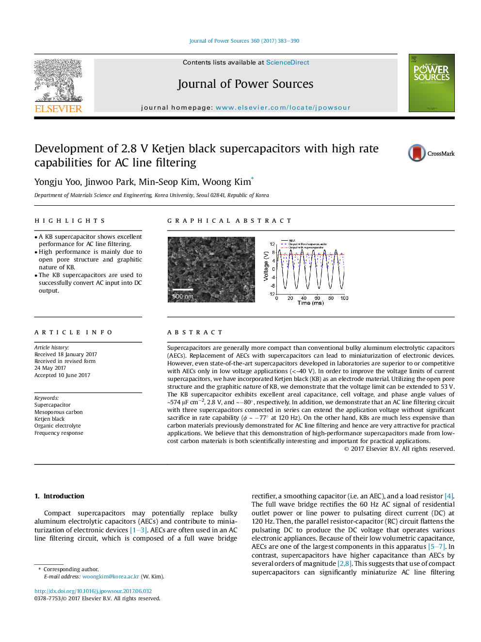 Development of 2.8Â V Ketjen black supercapacitors with high rate capabilities for AC line filtering