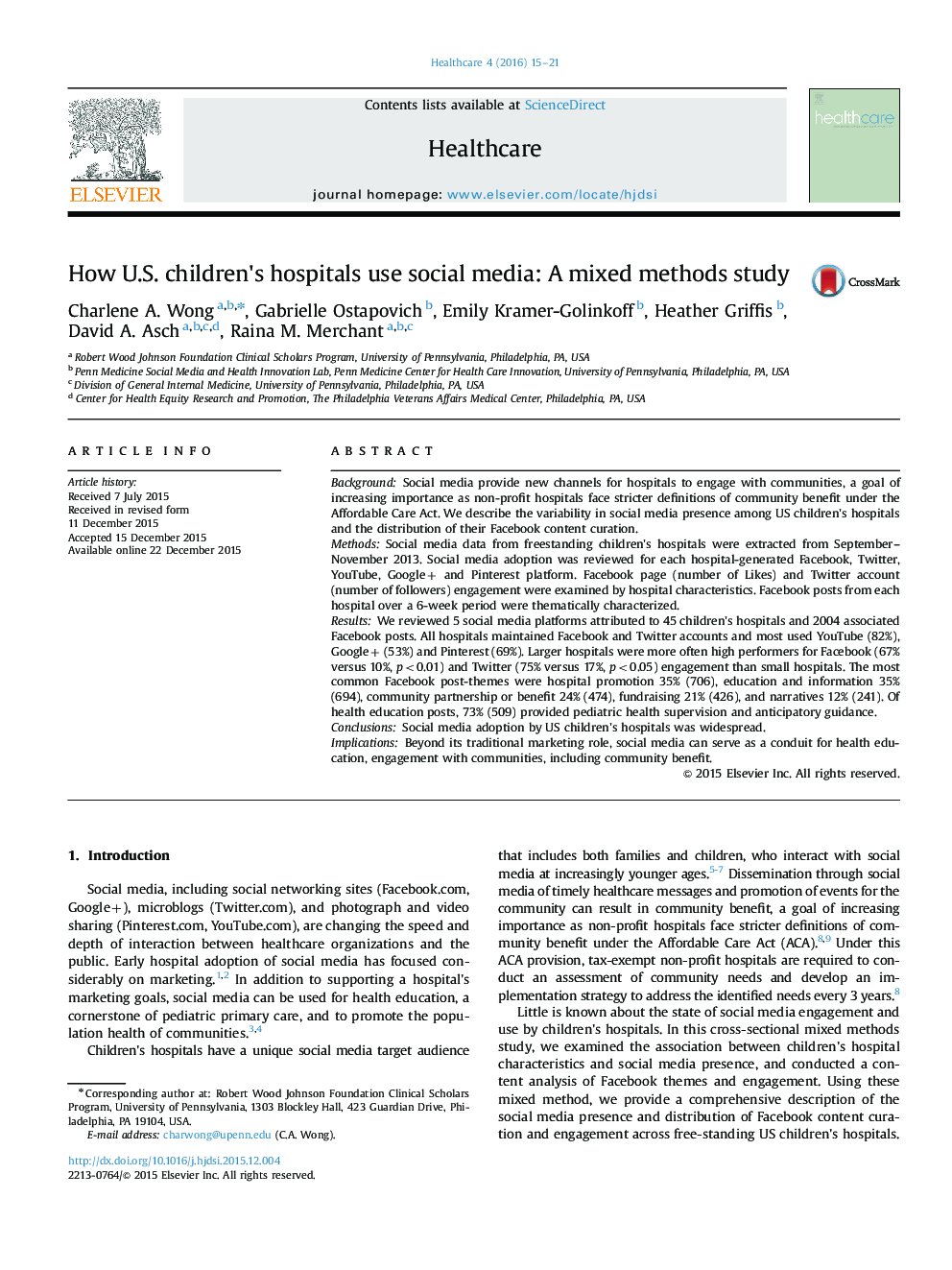 نحوه استفاده بیمارستان کودکان ایالات متحده از رسانه های اجتماعی: مطالعه روش ترکیبی