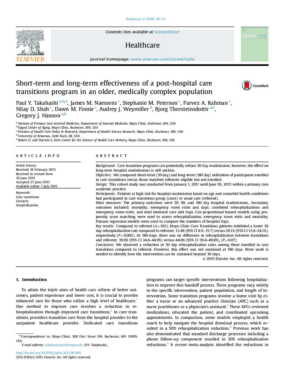 Short-term and long-term effectiveness of a post-hospital care transitions program in an older, medically complex population