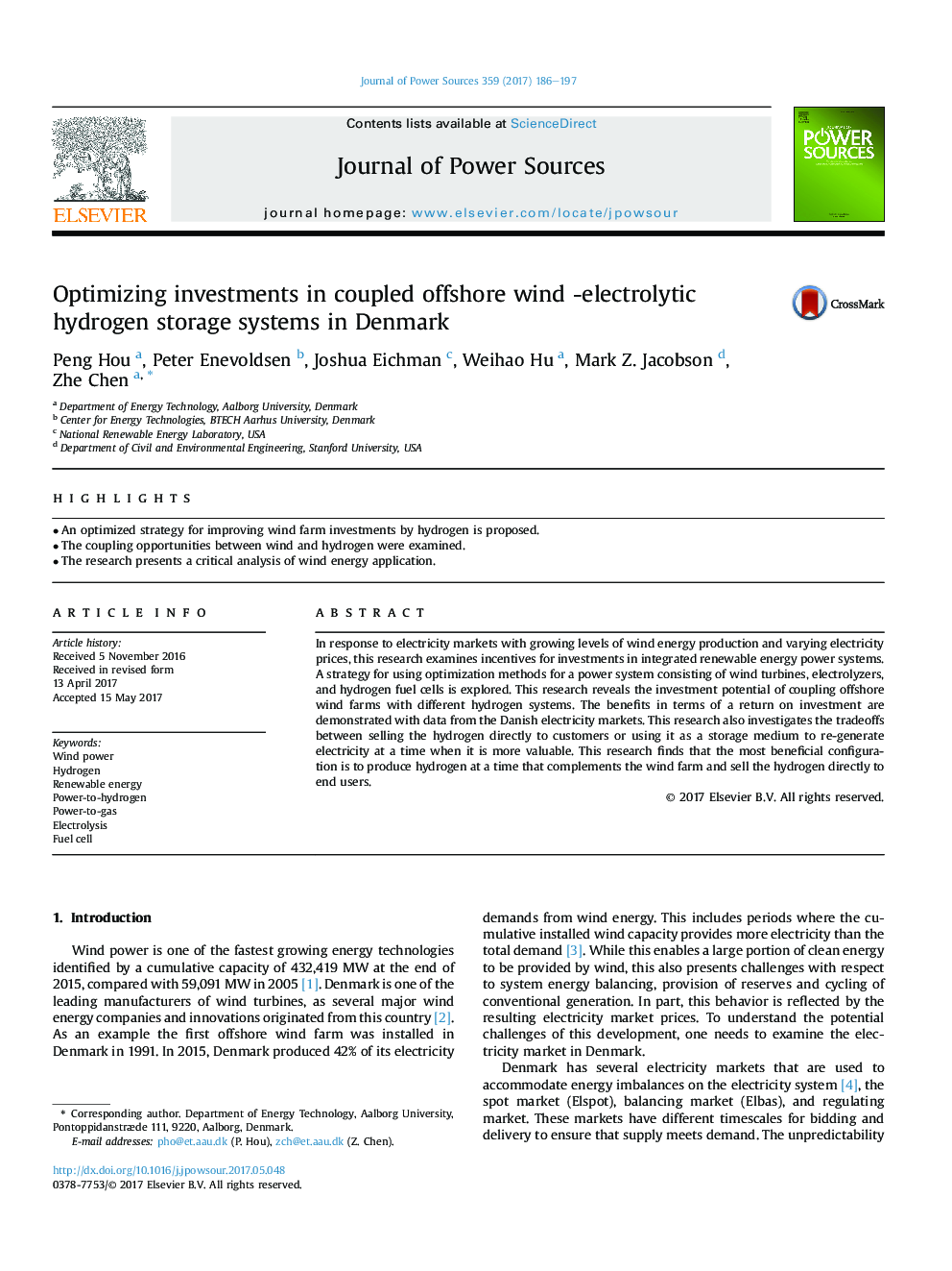 Optimizing investments in coupled offshore wind -electrolytic hydrogen storage systems in Denmark