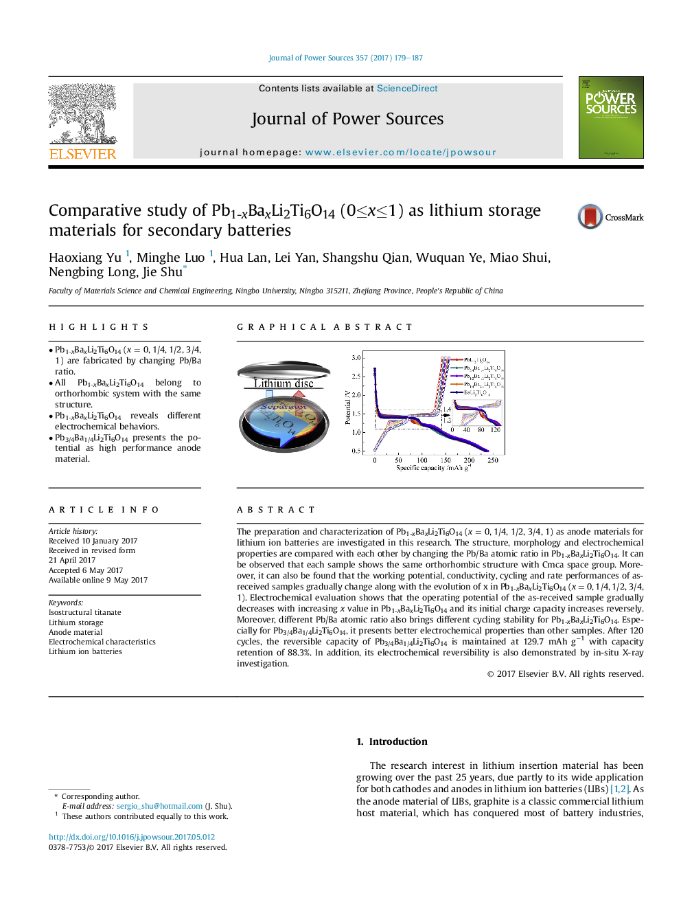 Comparative study of Pb1-xBaxLi2Ti6O14 (0â¤xâ¤1) as lithium storage materials for secondary batteries