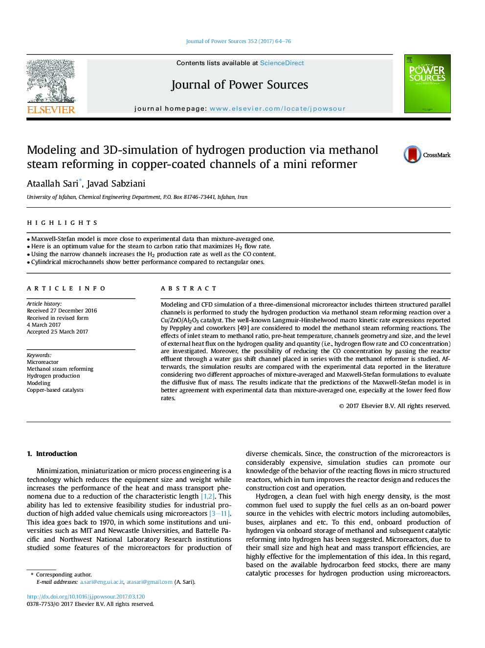 Modeling and 3D-simulation of hydrogen production via methanol steam reforming in copper-coated channels of a mini reformer