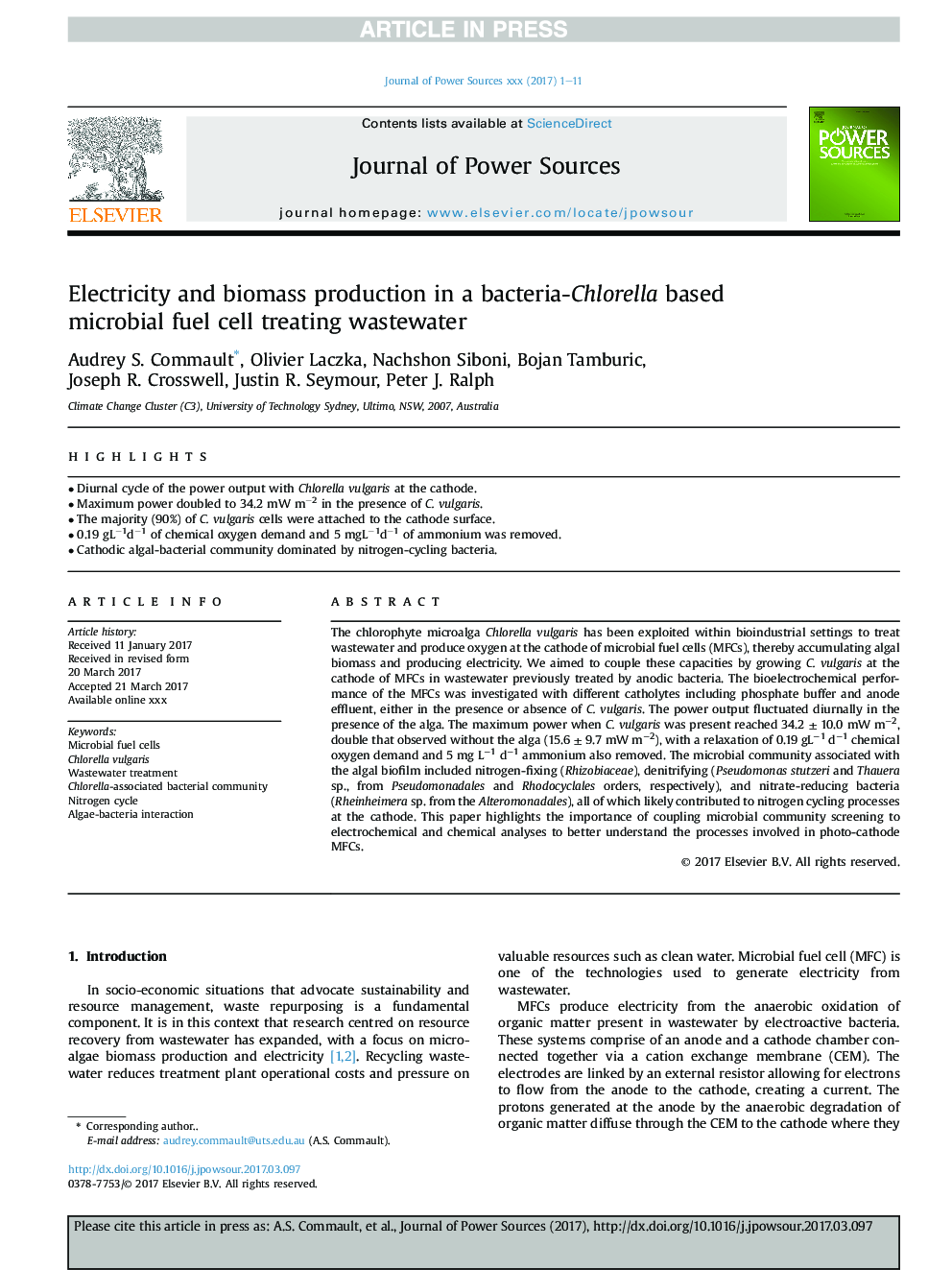 Electricity and biomass production in a bacteria-Chlorella based microbial fuel cell treating wastewater