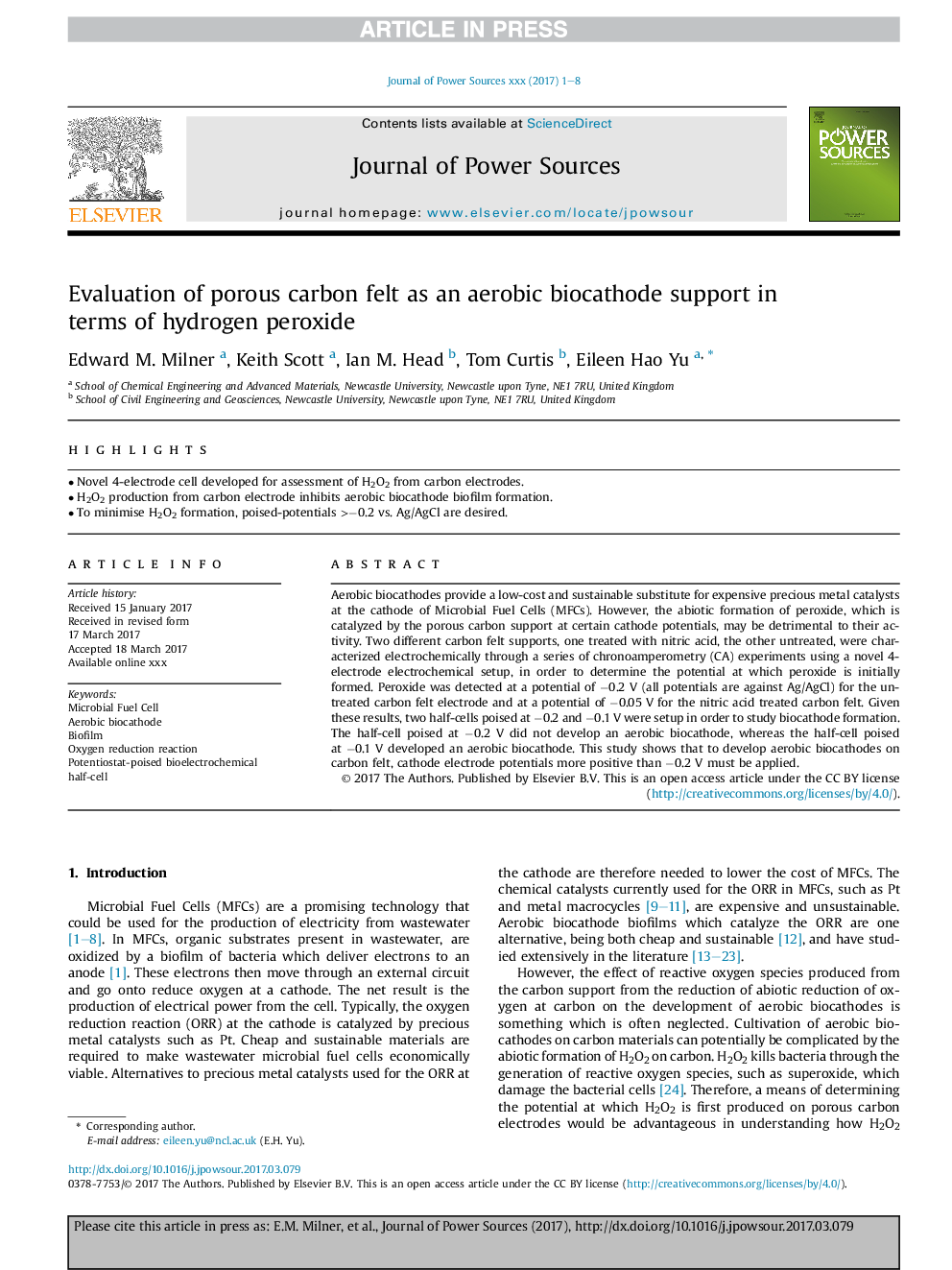 Evaluation of porous carbon felt as an aerobic biocathode support in terms of hydrogen peroxide