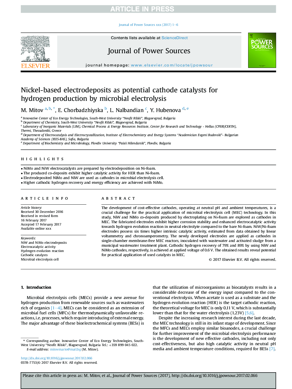 عکس صفحه اول مقاله: Nickel-based electrodeposits as potential cathode catalysts for hydrogen production by microbial electrolysis Nickel-based electrodeposits as potential cathode catalysts for hydrogen production by microbial electrolysis