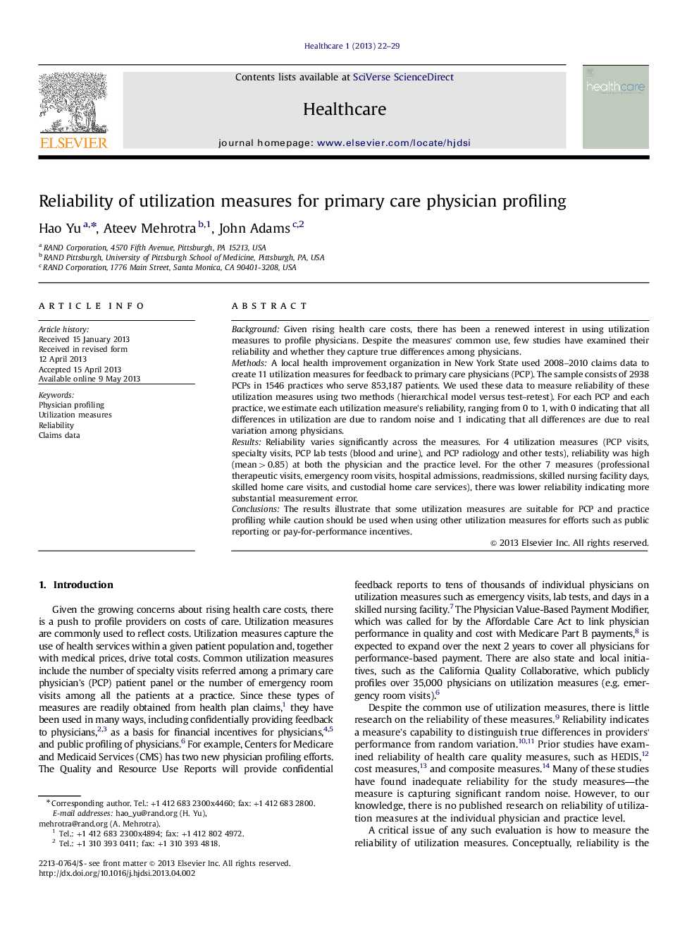 Reliability of utilization measures for primary care physician profiling