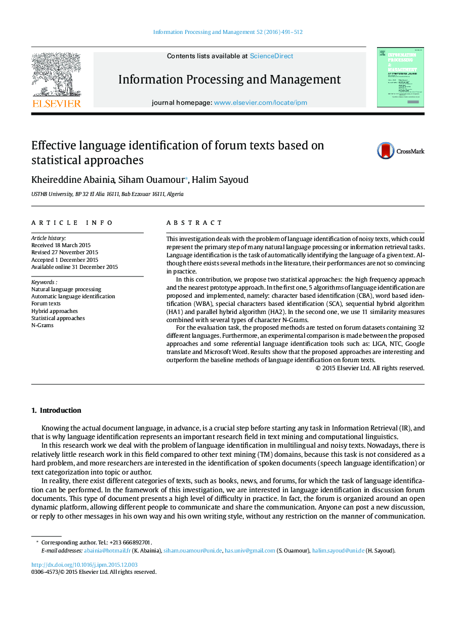 Effective language identification of forum texts based on statistical approaches
