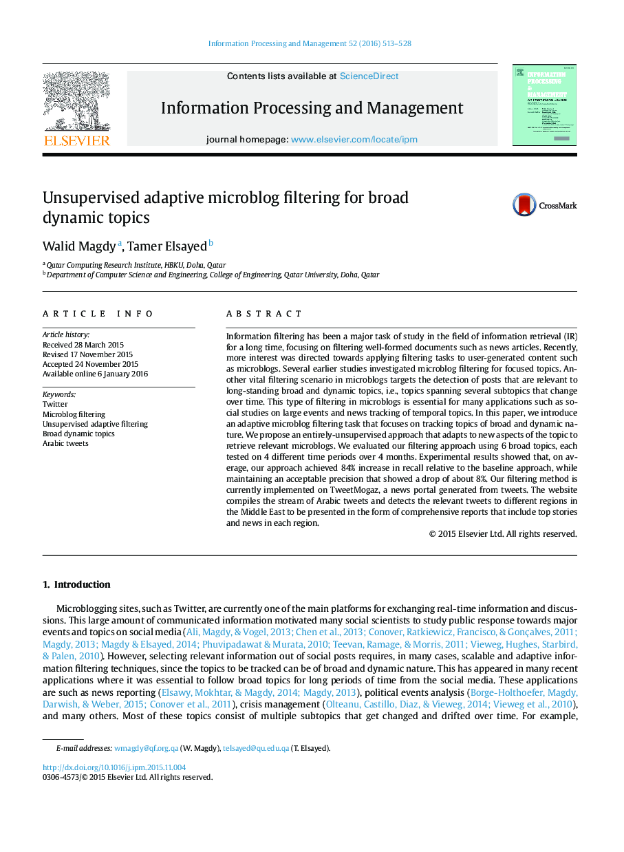 Unsupervised adaptive microblog filtering for broad dynamic topics