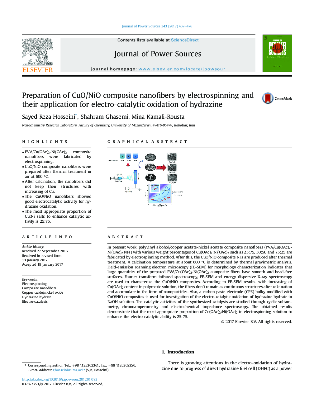 Preparation of CuO/NiO composite nanofibers by electrospinning and their application for electro-catalytic oxidation of hydrazine