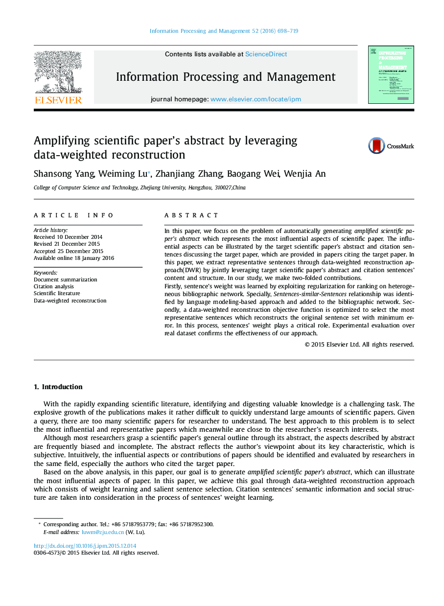 Amplifying scientific paper’s abstract by leveraging data-weighted reconstruction