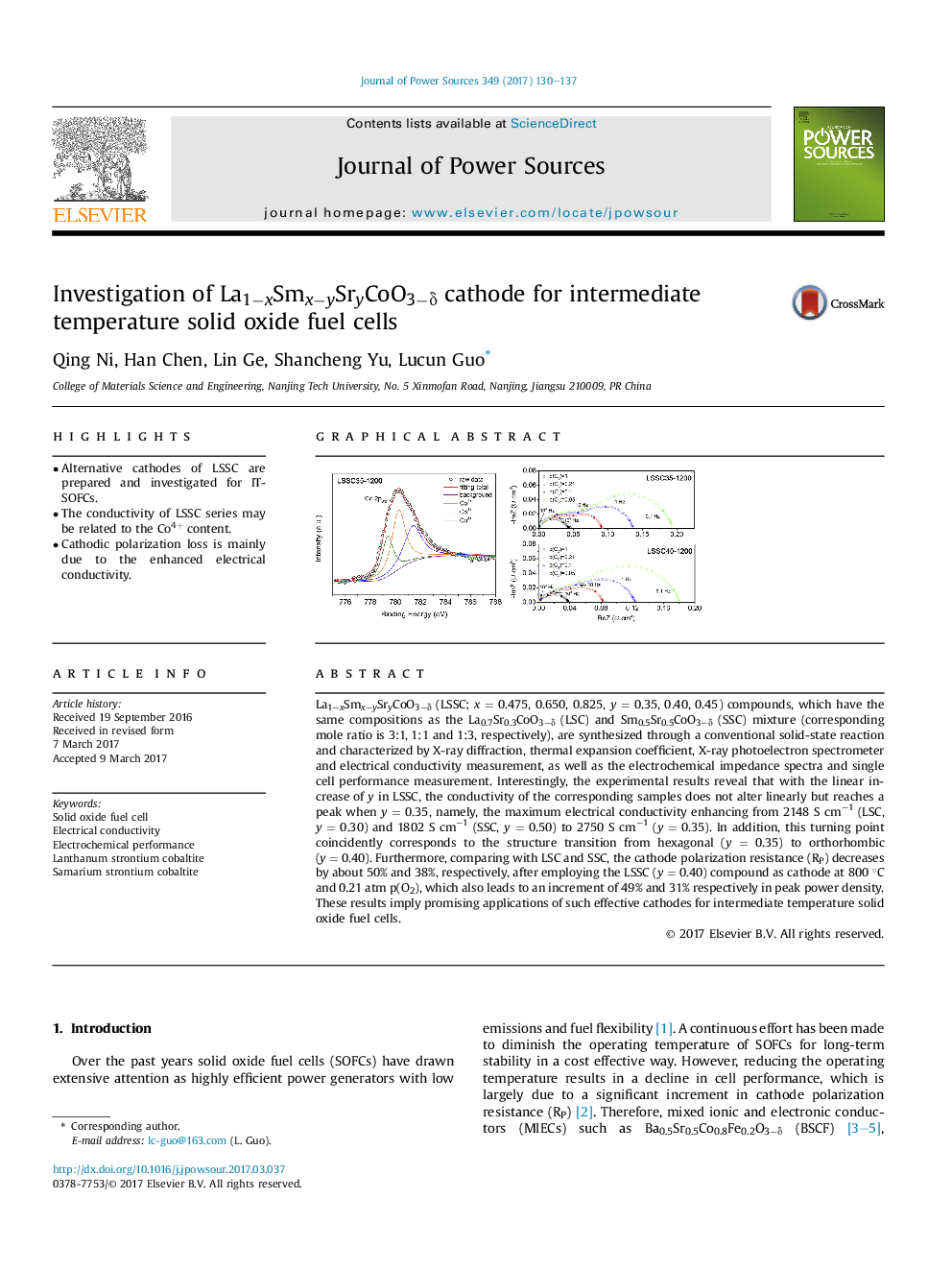 عکس صفحه اول مقاله: Investigation of La1âxSmxâySryCoO3âδ cathode for intermediate temperature solid oxide fuel cells Investigation of La1âxSmxâySryCoO3âδ cathode for intermediate temperature solid oxide fuel cells