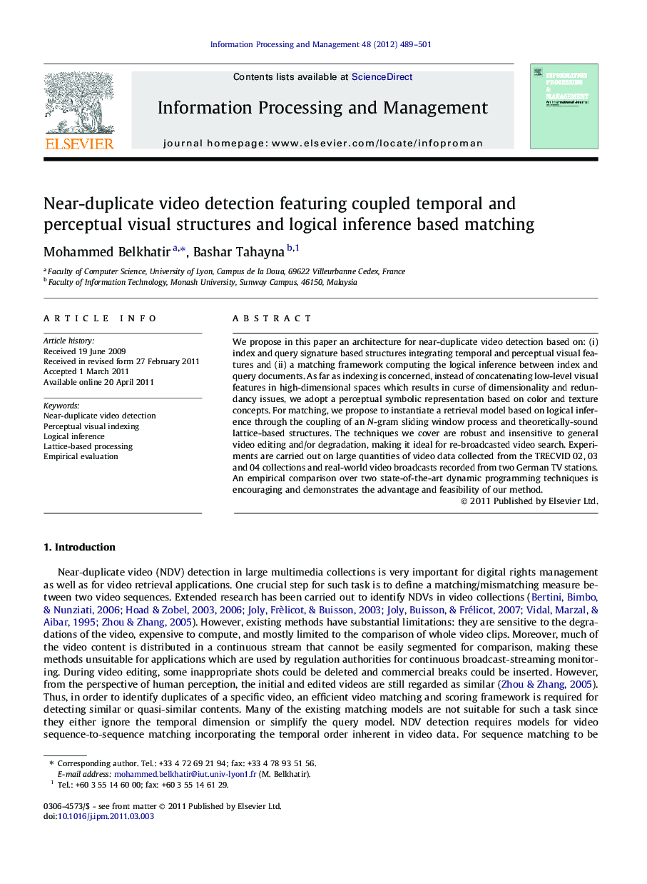 Near-duplicate video detection featuring coupled temporal and perceptual visual structures and logical inference based matching