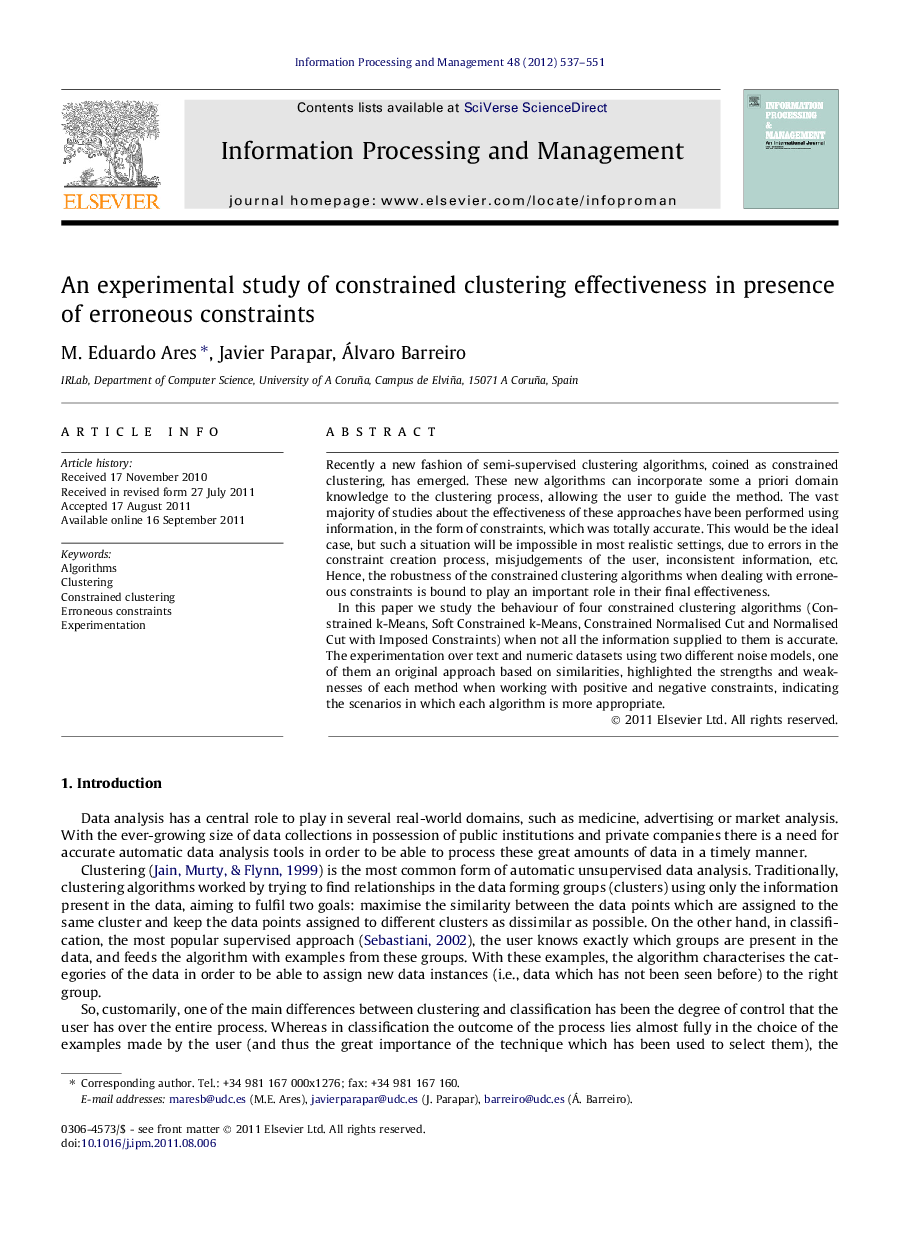 An experimental study of constrained clustering effectiveness in presence of erroneous constraints