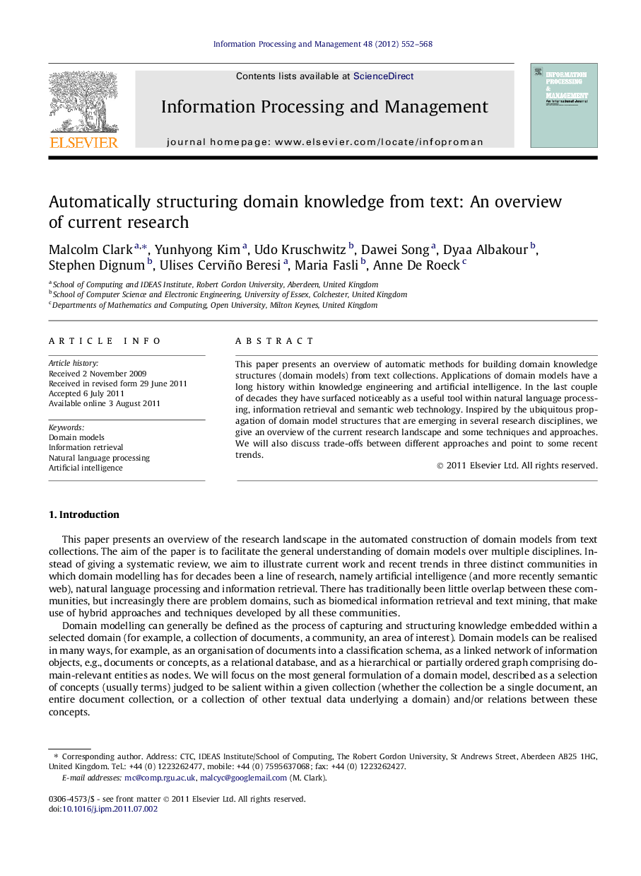 Automatically structuring domain knowledge from text: An overview of current research