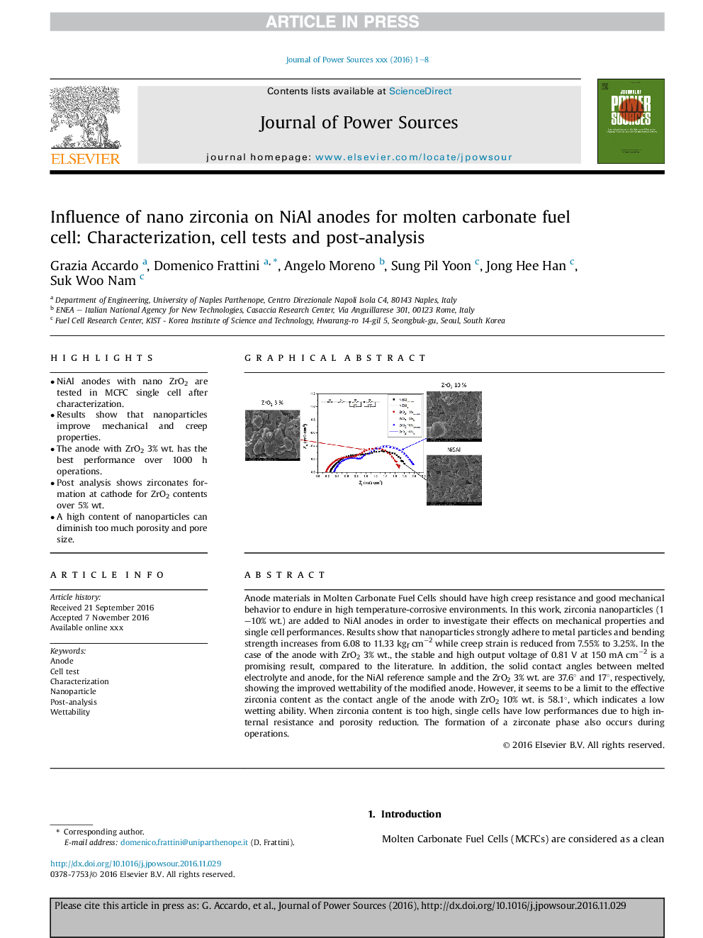 Influence of nano zirconia on NiAl anodes for molten carbonate fuel cell: Characterization, cell tests and post-analysis