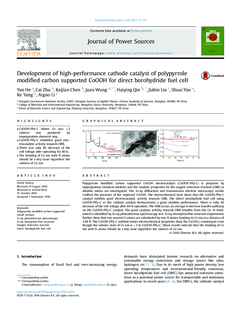 Development of high-performance cathode catalyst of polypyrrole modified carbon supported CoOOH for direct borohydride fuel cell