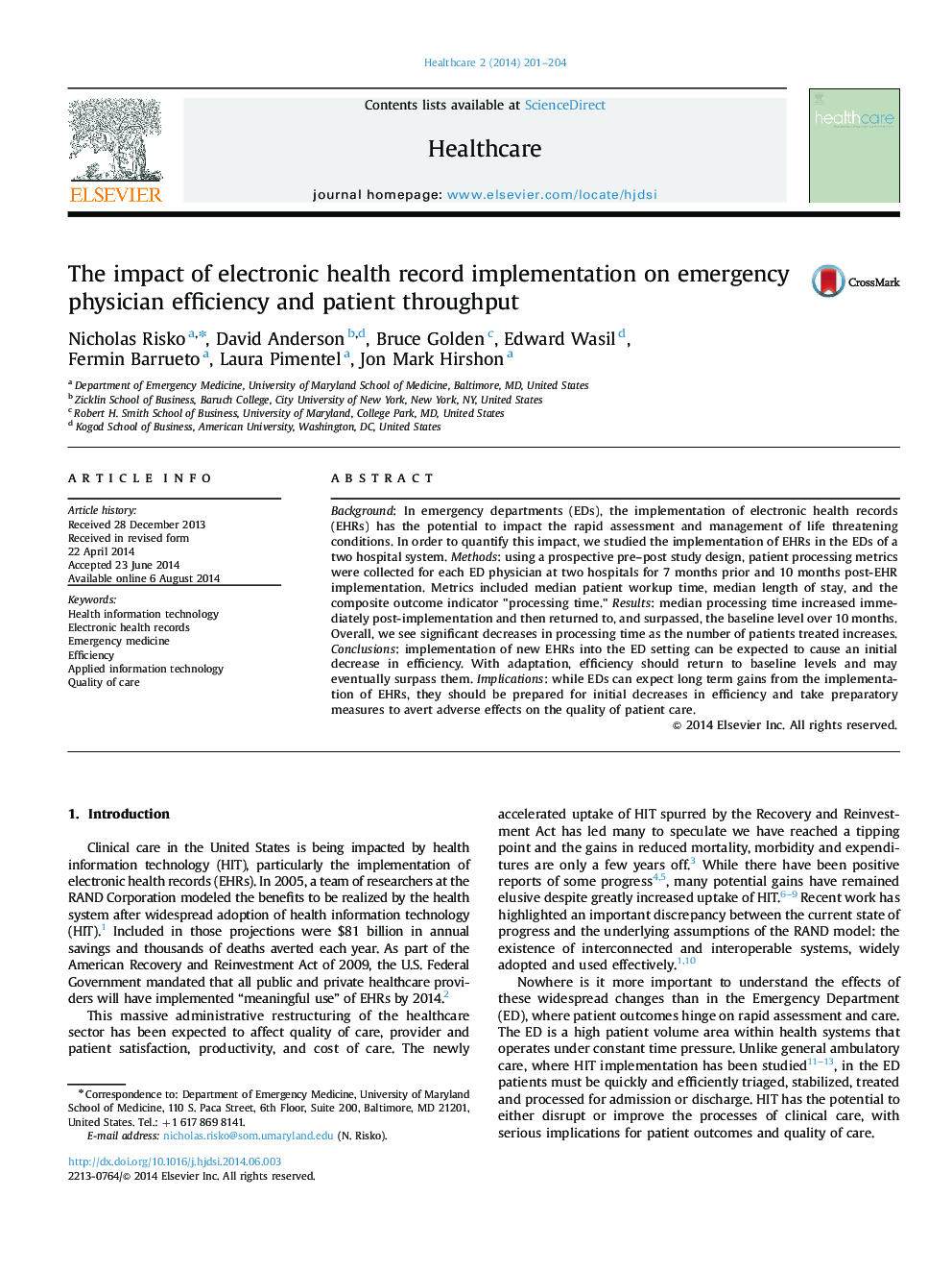 The impact of electronic health record implementation on emergency physician efficiency and patient throughput