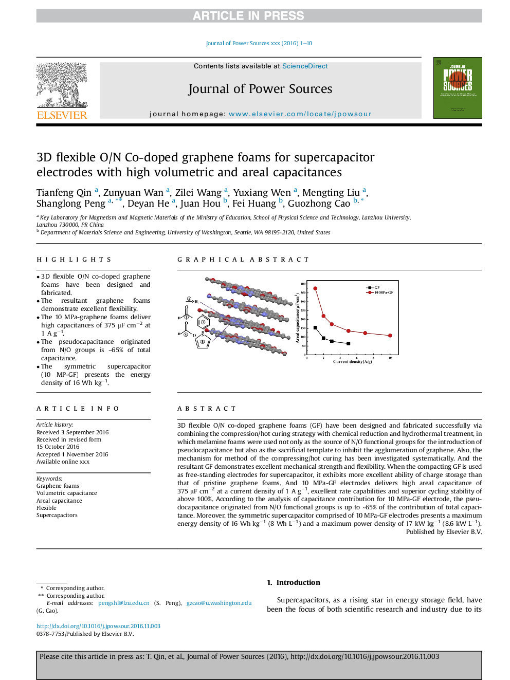 3D flexible O/N Co-doped graphene foams for supercapacitor electrodes with high volumetric and areal capacitances