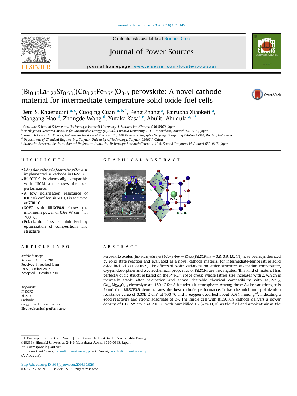 (Bi0.15La0.27Sr0.53)(Co0.25Fe0.75)O3-Î´ perovskite: A novel cathode material for intermediate temperature solid oxide fuel cells