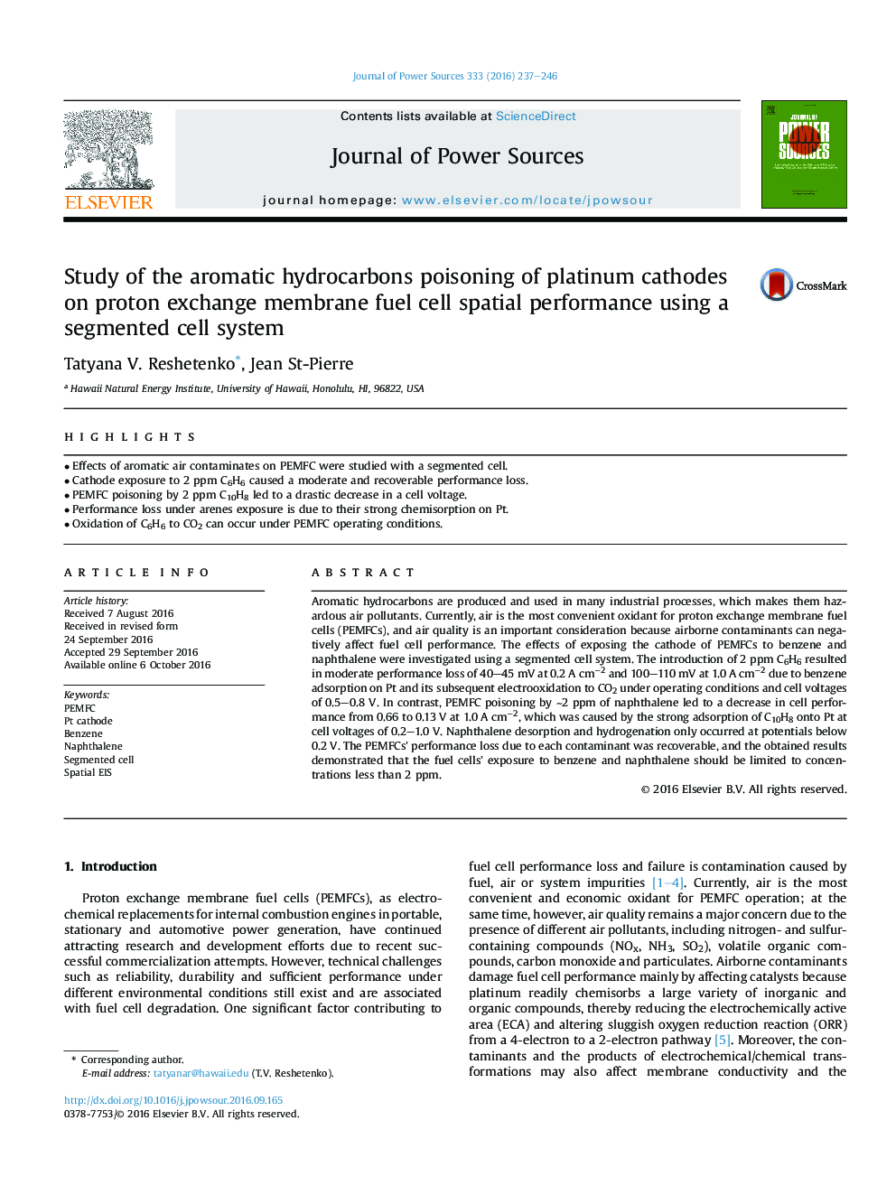 Study of the aromatic hydrocarbons poisoning of platinum cathodes on proton exchange membrane fuel cell spatial performance using a segmented cell system