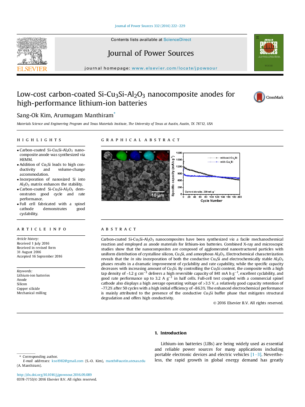 Low-cost carbon-coated Si-Cu3Si-Al2O3 nanocomposite anodes for high-performance lithium-ion batteries